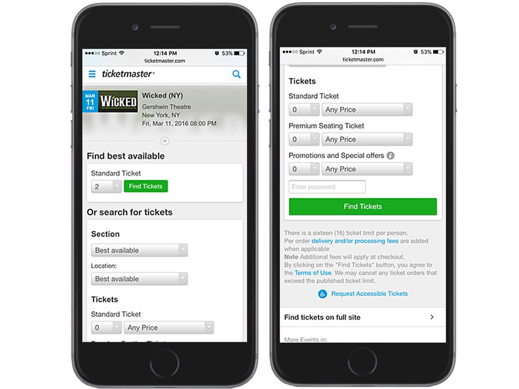 Ticketmaster on iPhone 6 browser Ticketmaster on iPhone 6 browser
