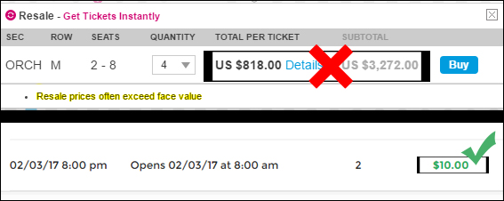 Ticketmaster resale ticket price versus the Hamilton lottery cost