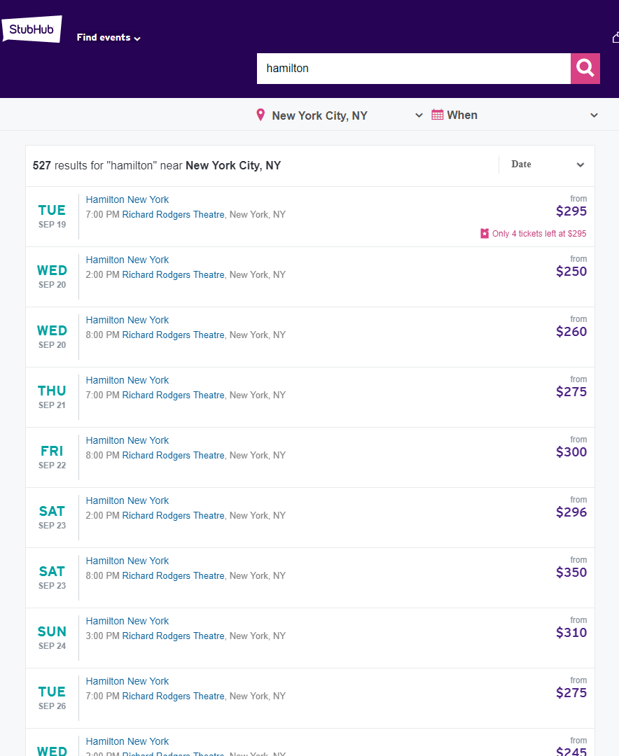 Hamilton Tickets Price Crash on Stubhub